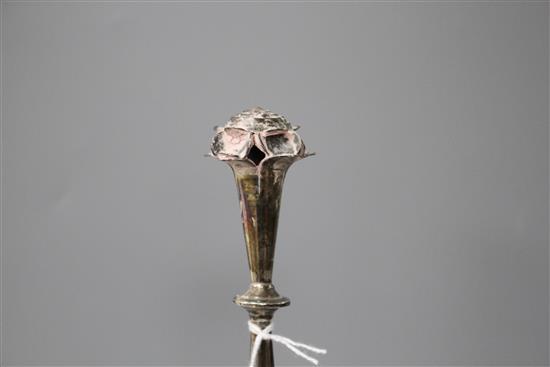 A 20th century Indian? white metal rosewater sprinkler, on pierced circular foliate base,